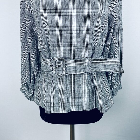 Zara TRF Collection Black & White Plaid Balloon Sleeve Belted Women's S Top - Picture 3 of 9
